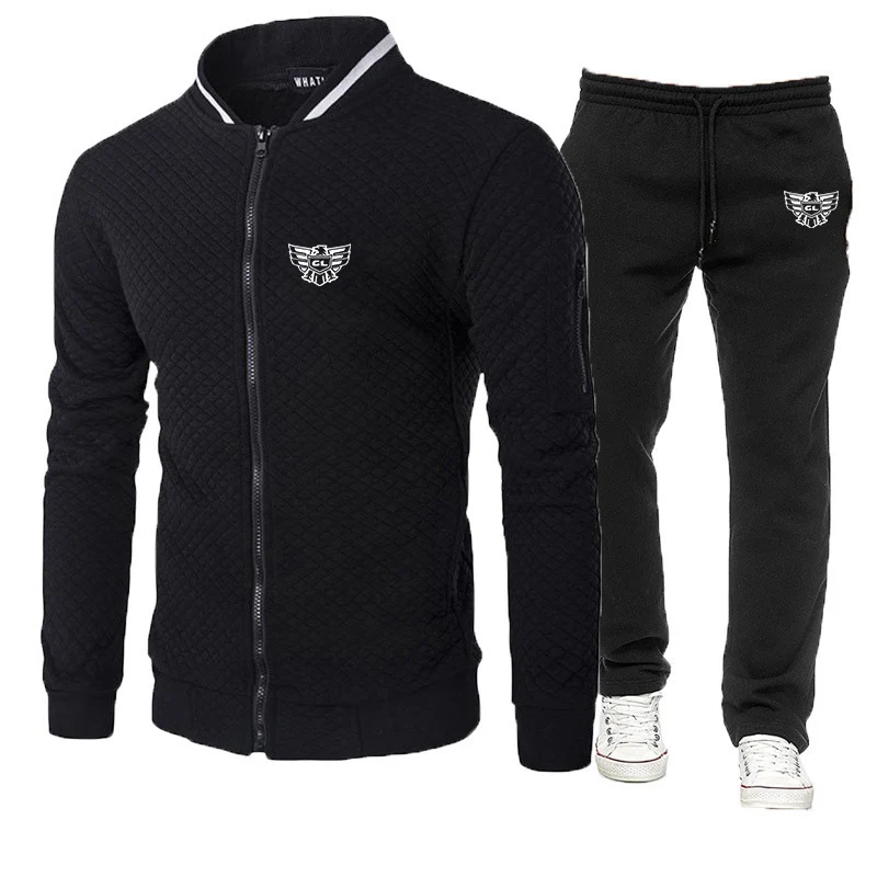 

Goldwing GL1500 Spring And Autumn Men New Slim-fit Solid Color Zipper Stand Collar Hoodie +Pant Print Sportswear Suit