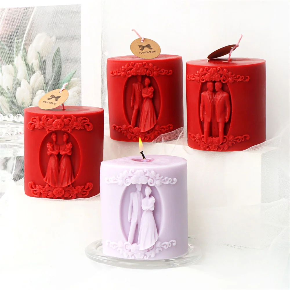 Embossed Wedding Scene Column Candle Silicone Mold Mr Mrs Wedding Decor