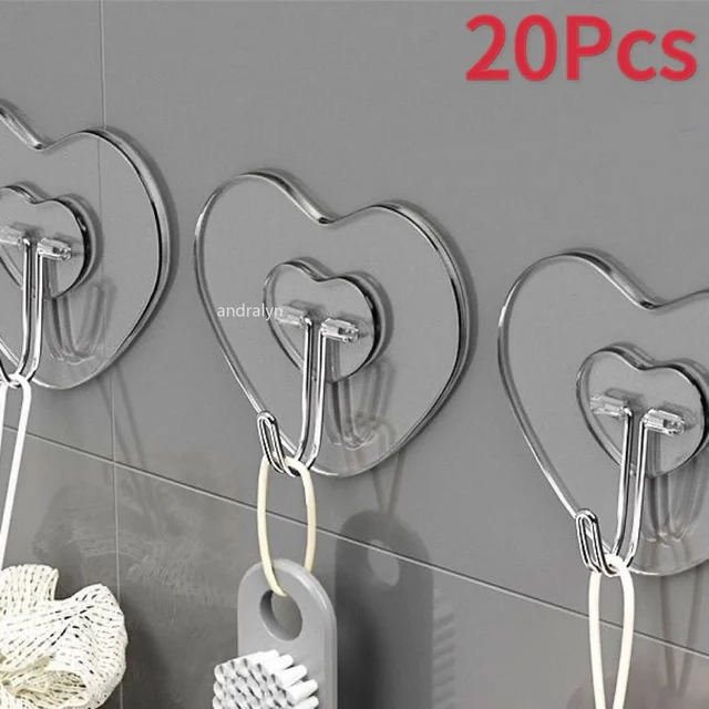 Crochets transparents en forme de cœur, support de cintres d'amour en plastique sans poinçonnage, porte-clés auto-adhésif, porte-serviettes, crochets polyvalents, support de rangement 1