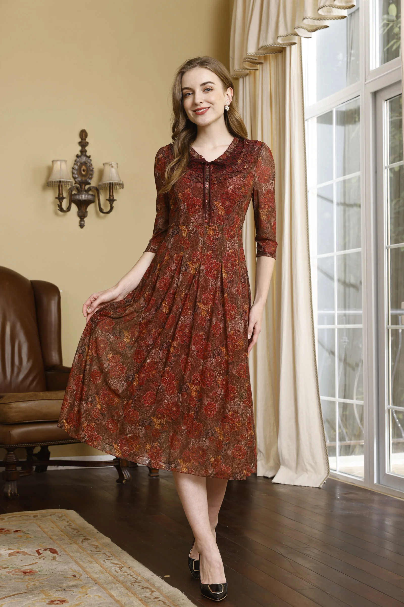 Printed Notched Long Sleeve Dress