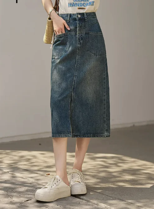 

Women's denim skirt 2023 summer high waist front fork slim loose pocket women's A-line miniskirt women's skirt