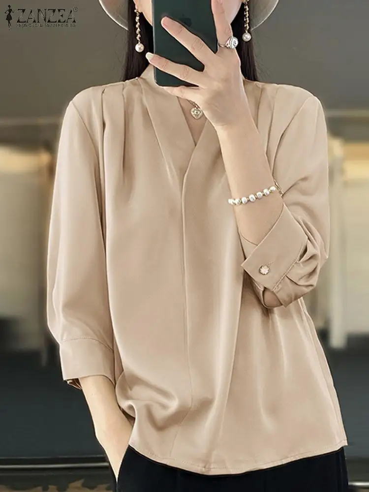

ZANZEA Women Office Work Tops Elegant OL Satin Blouse Fashion Autumn V Neck 3/4 Sleeve Shirt Casual Female Solid Blusas Chemise