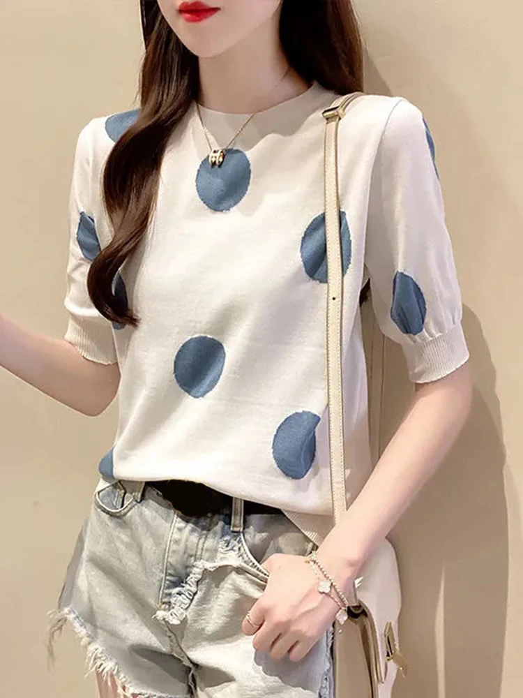 

Print Polka Dot Tops Women 2022 Short Sleeve Tshirt Knitted Fashion Tees Summer New Casual Clothes O Neck Female T Shirt Femme