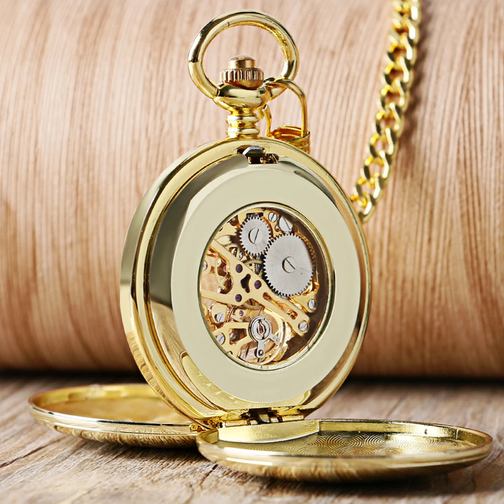 Luxury Full Gold Skeleton Smooth Pocket Watch Hand Wind Mechanical Roman Numerals FOB Watch Men Double Open Clock for Men Women