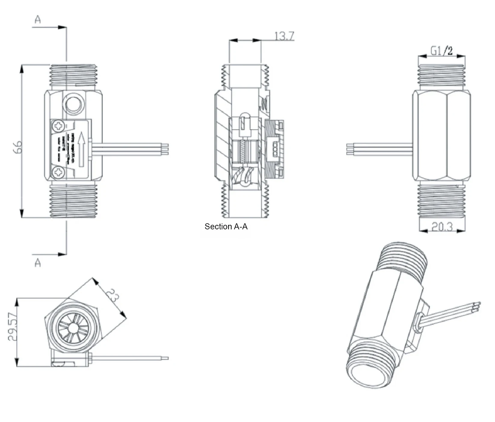 Water Flow Sensor Hall Effect Flow Meter Brass Valve Body Liquid Flow Rate Senso