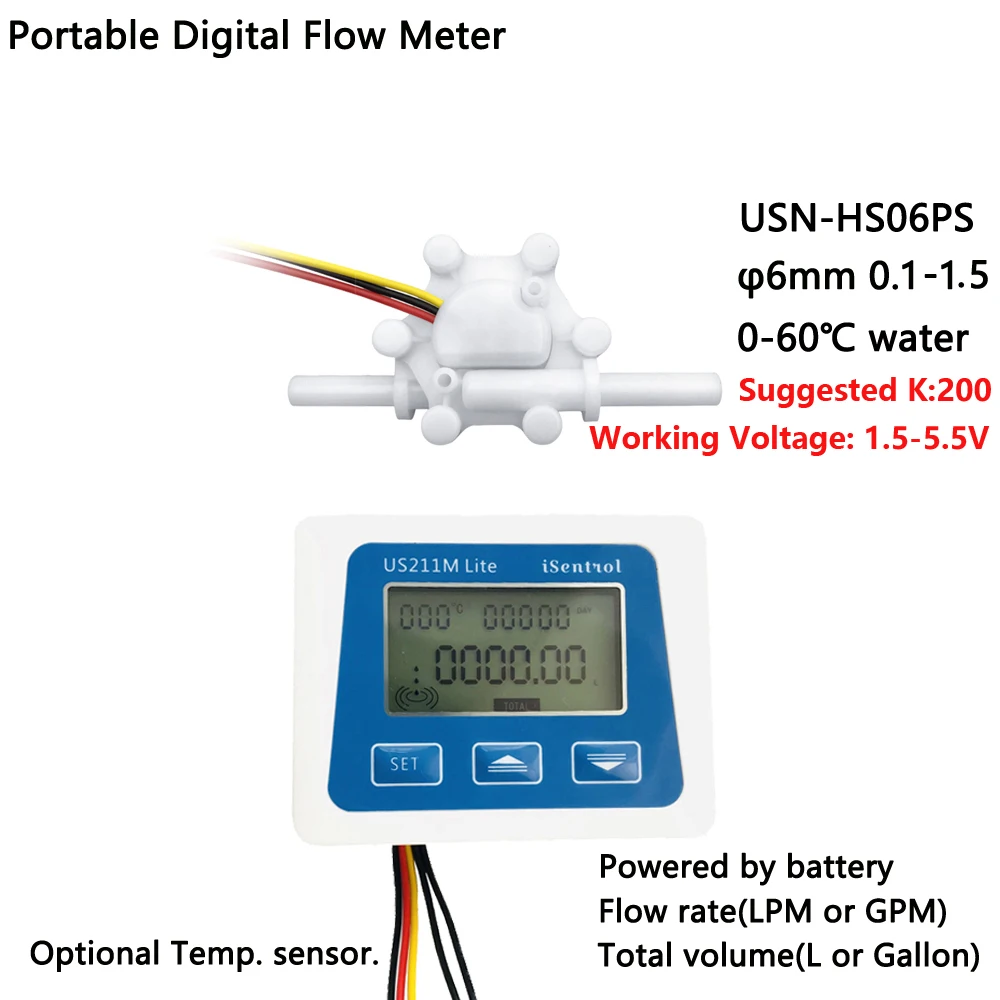 

US211M Lite Portable Digital Flow Meter & USN-HS06PS 0.05-1.0L/min Water Sensor φ6mm POM Plastic iSentrol Zhongjiang Saier