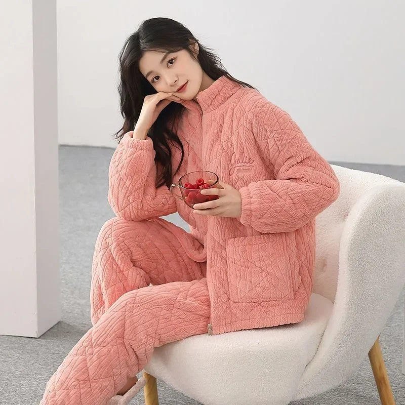 Winter New Women Three-layer Padded Pajamas Female Thickened Warm Fleece Loungewear Coral Fleece Sleepwear Stand Neck Nightwear
