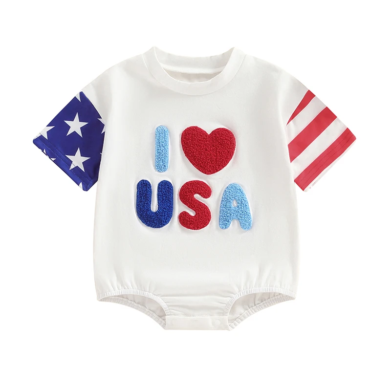 

4th of July Baby Rompers Infant Girls Boys Fuzzy Letter Embroidery Stripe Star Short Sleeve Bodysuits Summer Jumpsuits