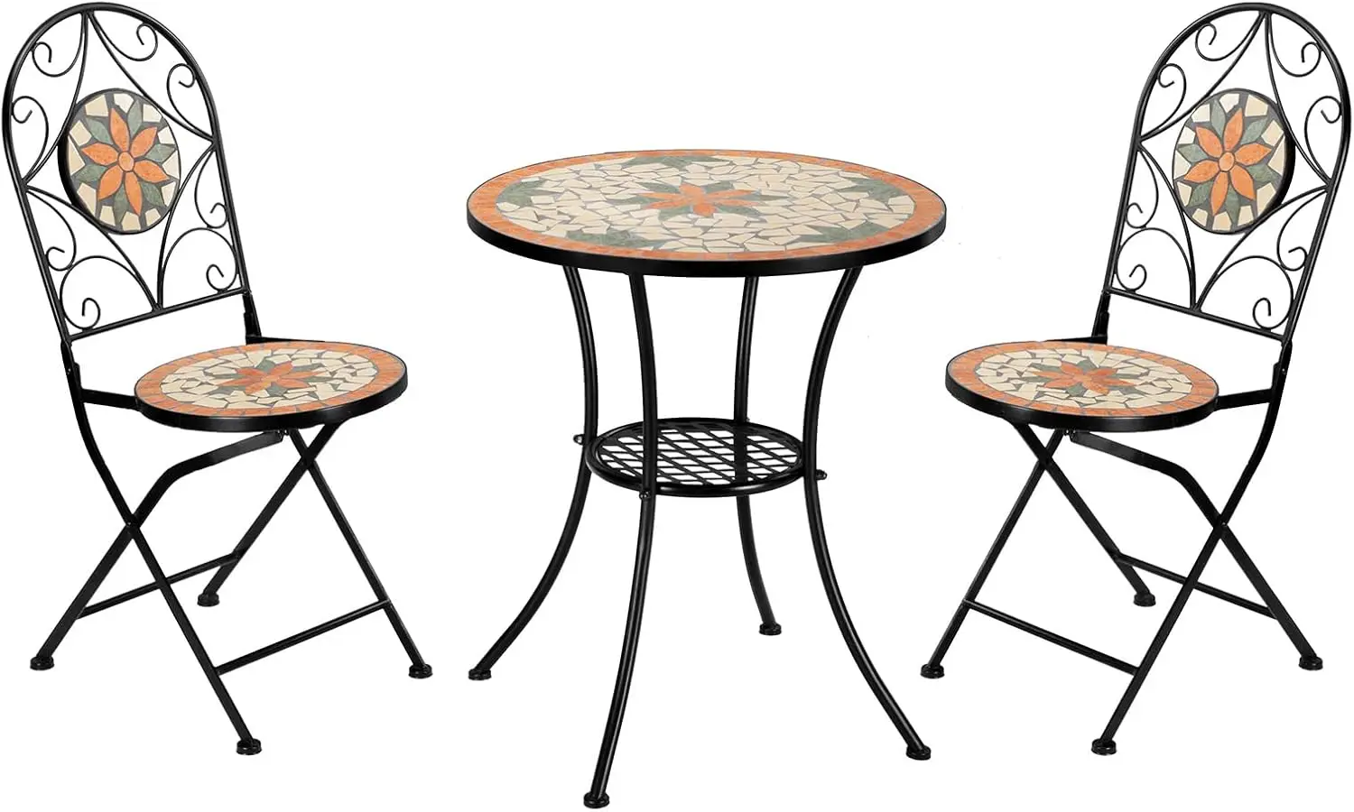 3 Pieces Garden Patio Mosaic Table, Outdoor Bistro Set with Folding Chairs,Black Iron Frame