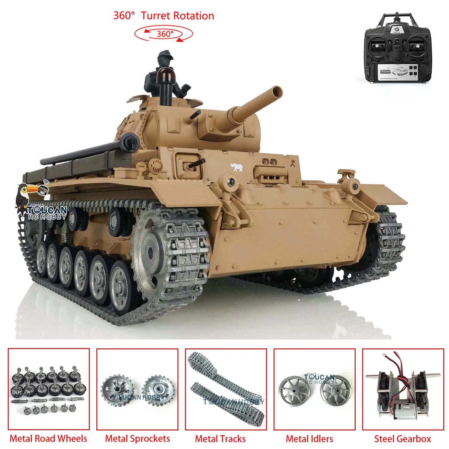 HENG LONG 1/16 7.0 Customized Panzer III H RTR RC Tank 3849 Metal Tracks Wheels Steel Sprocket Wheels BB Shooting Yellow TH17369 2