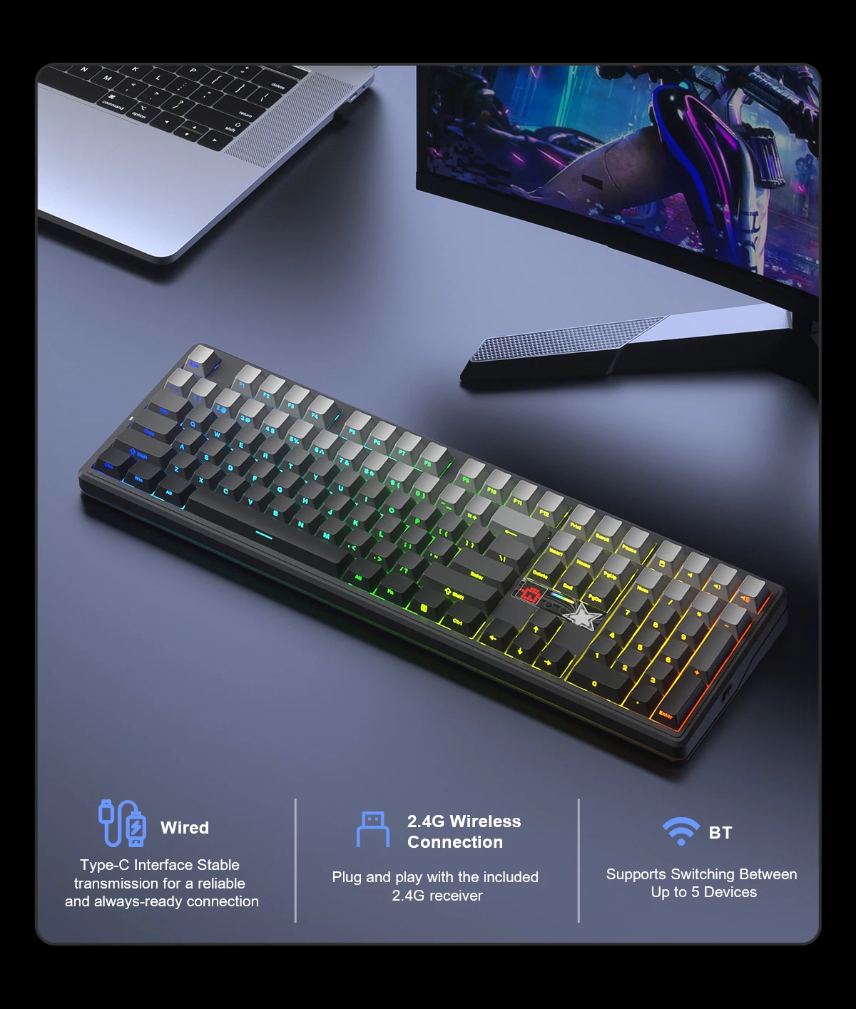 AULA F108 Pro V2 무선 키보드 트리 모델 매크로 게이밍 키보드 가스켓 핫스왑 풀 사이즈 키보드 TFT 스마트 디스플레이 탑재