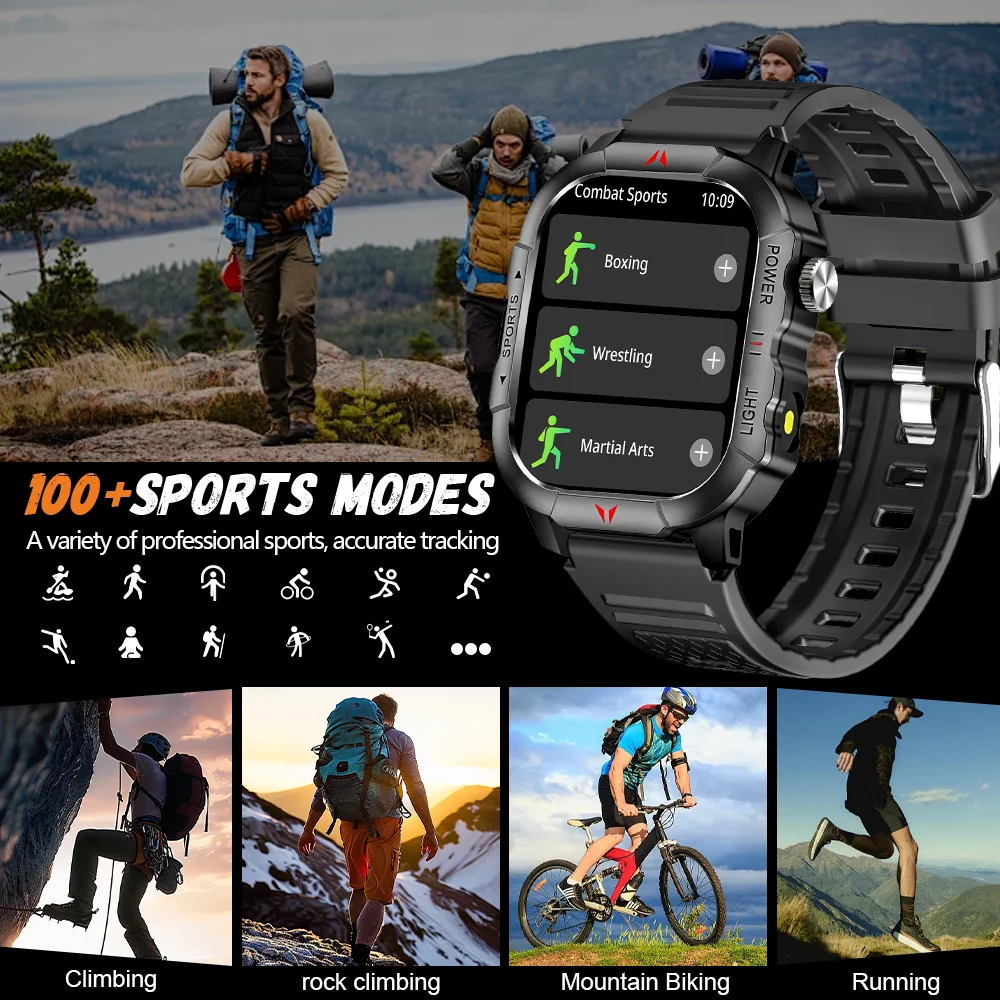 LAXASFIT 2025 New Men Smart Watch LED Flashlight BT Call 100+ Sports Modes Health Monitoring IP68 Waterproof Outdoor Smart Watch 3