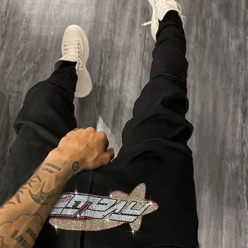 Mens Clothing Black Stretch Hole Jeans Slim Fit Letter Rhinestone Punk Street Club Trousers Fashion Man Denim Pencil Pants Y2k