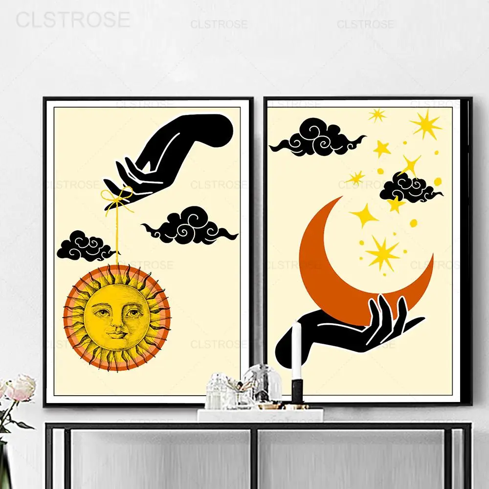 

Boho Abstract Mystic Hand Sun Moon Canvas Painting Nordic Minimalist Black Hand Wall Art Picture for Living Room Home Decor