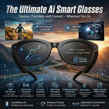 Nuovi Occhiali Smart AI 2026, Fotocamera POV da 13MP, Traduzione in Tempo Reale, Live Streaming, Assistente Vocale, Memoria da 32GB, App con Sincronizzazione WiFi