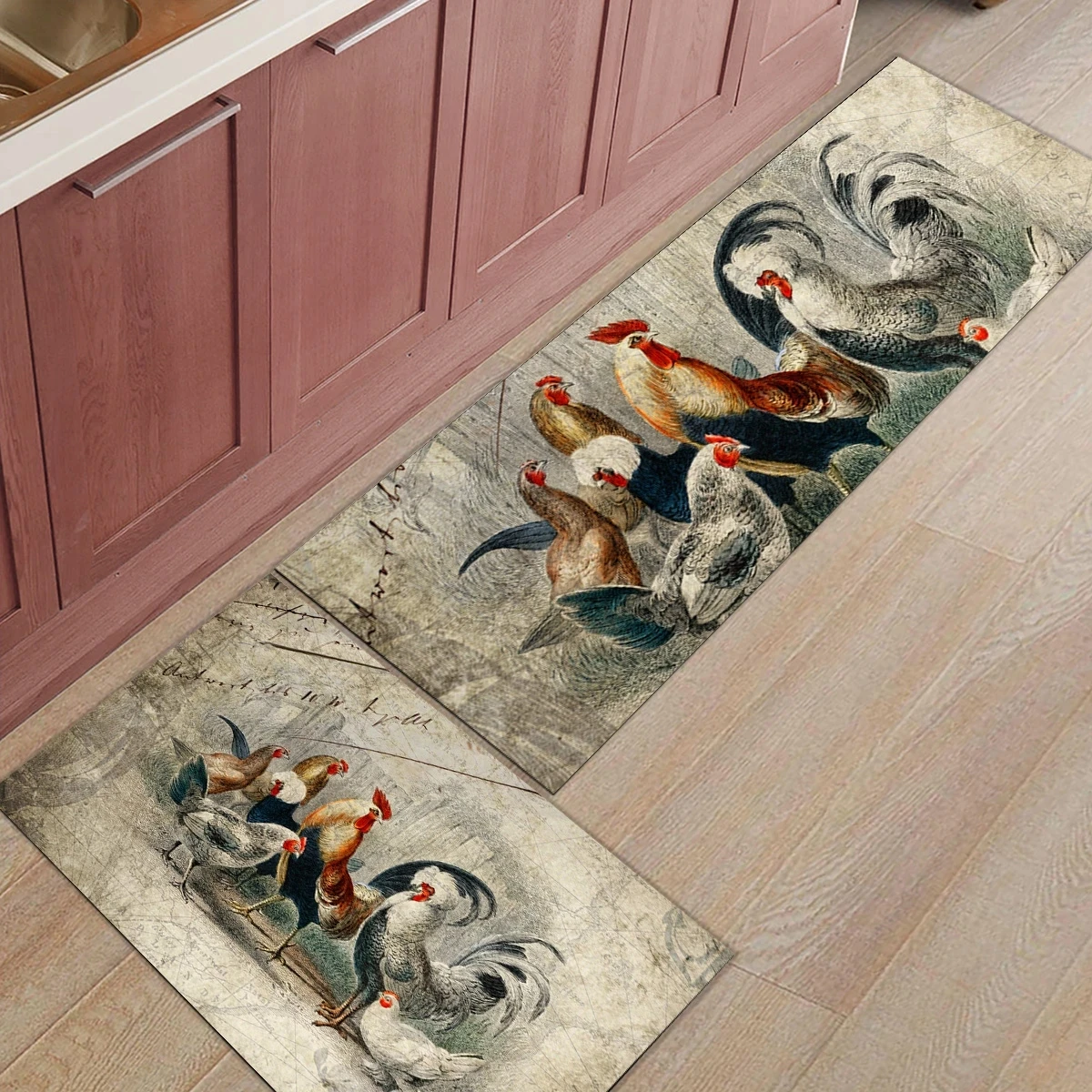 Rooster and Lemoms floorcloth in front of the refrigerator