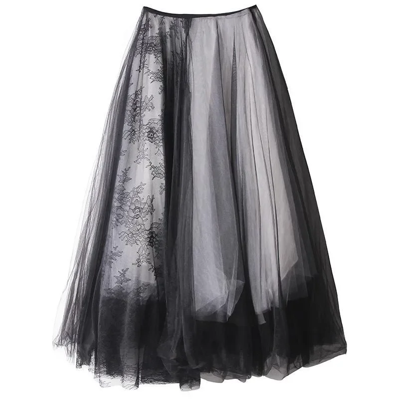 Women Vintage Lace Stitching Gothic White Black Pleated Maxi Skirts 2024 Female Long Luxury Soft Tulle New Tutu Skirt Petticoat