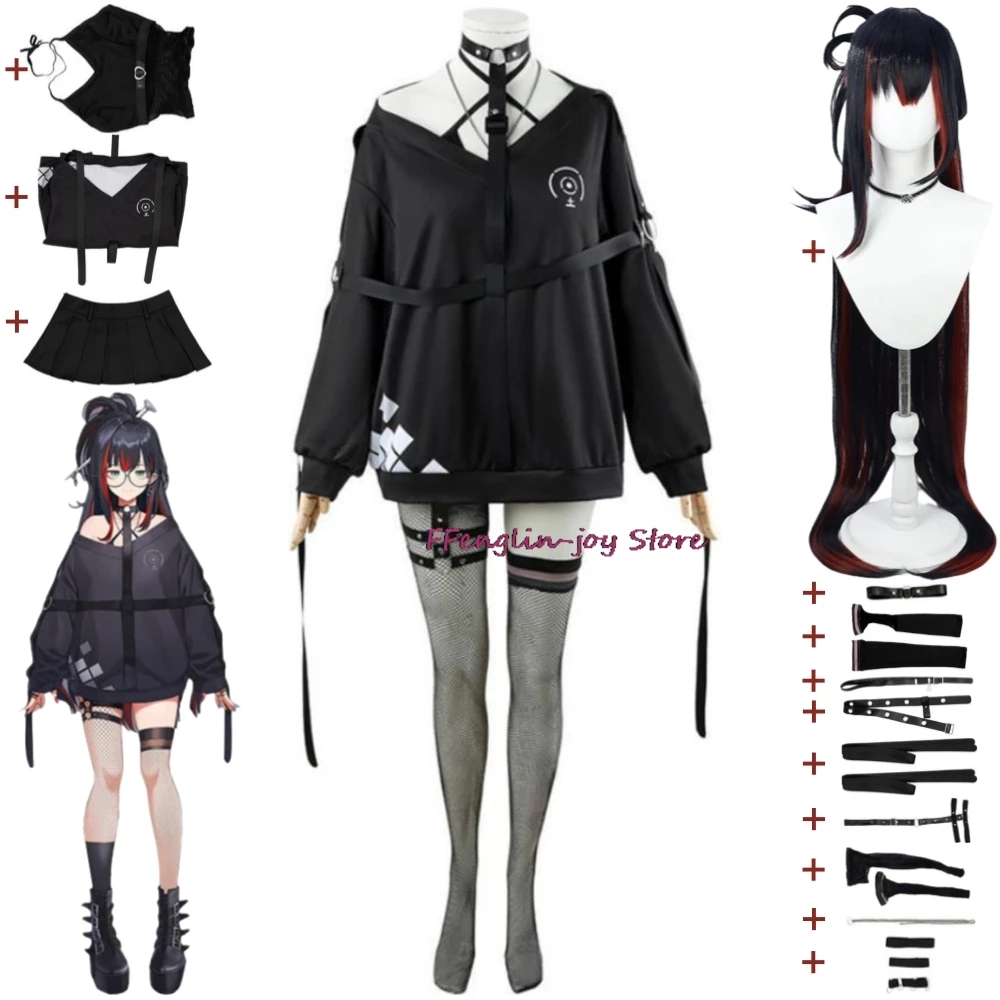 

YouTuber VTuber NIJISANJI ID Mika Melatika Mbak Kunti Cosplay Costume Wig Anime Black Hoodie Uniform Halloween Role Play Suit