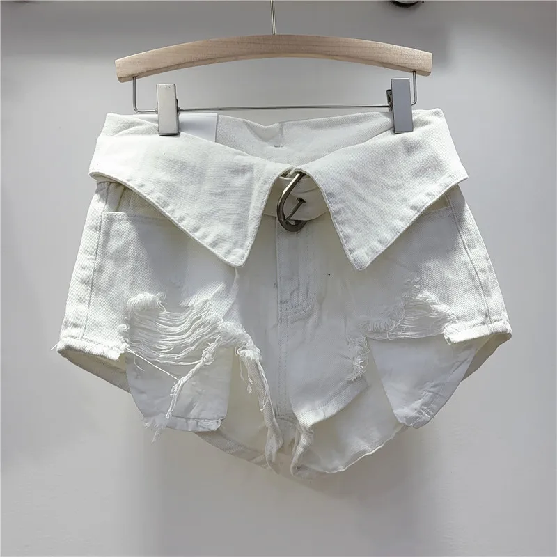 Retro Tattered Short Jeans Women 2024 Spring Summer Hot Girl Style High Waist Slimming and Wide Leg Shorts Black Booty Shorts