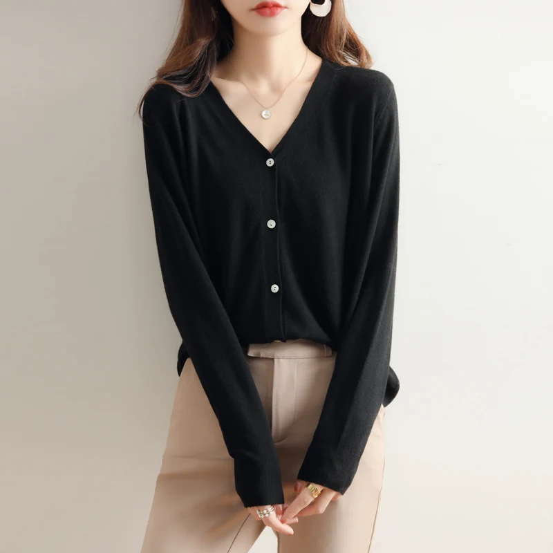 

100% Pure Wool Cardigan Knitted Sweater V-Neck Long-Sleeved Spring And Autumn New Loose All-Match Bottoming Shirt Women
