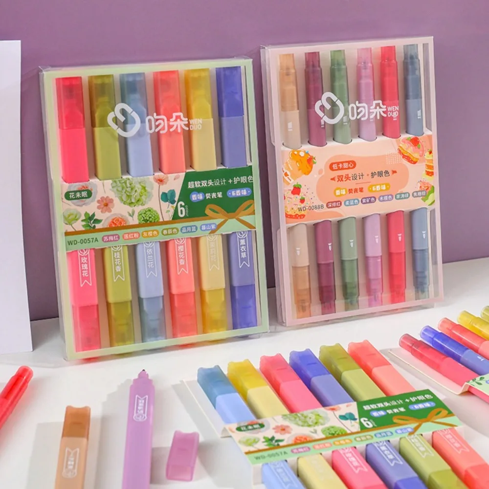 6pcs Highlighter Scented Double-Ended Square Round Pastel Markers Dual Tip Fluorescent Pen Art Drawing School Office Stationery