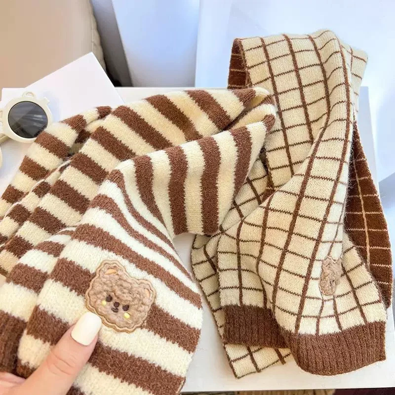 Korean Bear Stripe Kids Scarf Winter Thick Velvet Warm Boy Girl Long Neckerchief Outdoor Windproof Kids Anti-Cold Neck Cover