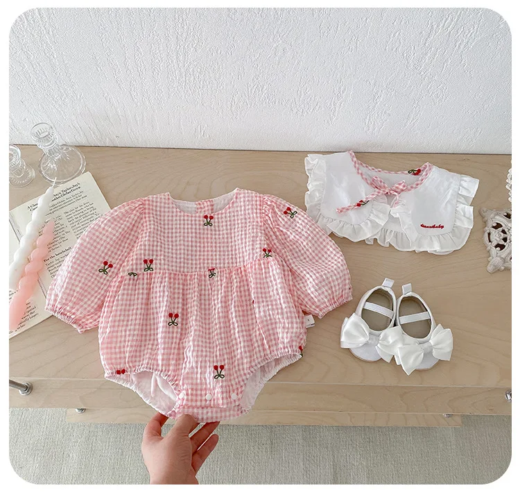 Nette Puppe Kragen Kinder Mädchen Strampler Baby Mädchen Herbst Gestickte Kirsche Strampler Langarm Prinzessin Neugeborenen Kind Kleidung – Detail 13