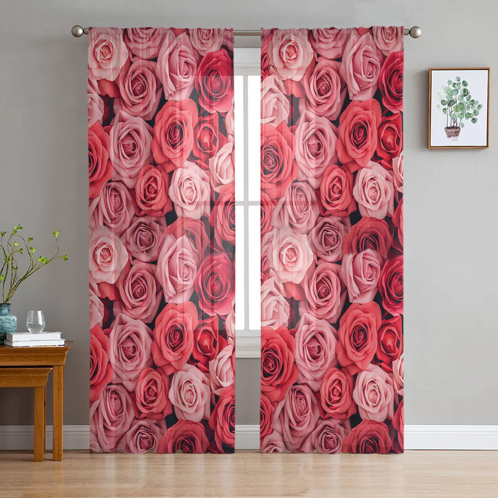 

Valentine'S Day Roses Hand Drawn Tulle Curtains for Living Room Sheer Curtain for Bedroom Kitchen Blinds Voile Curtains