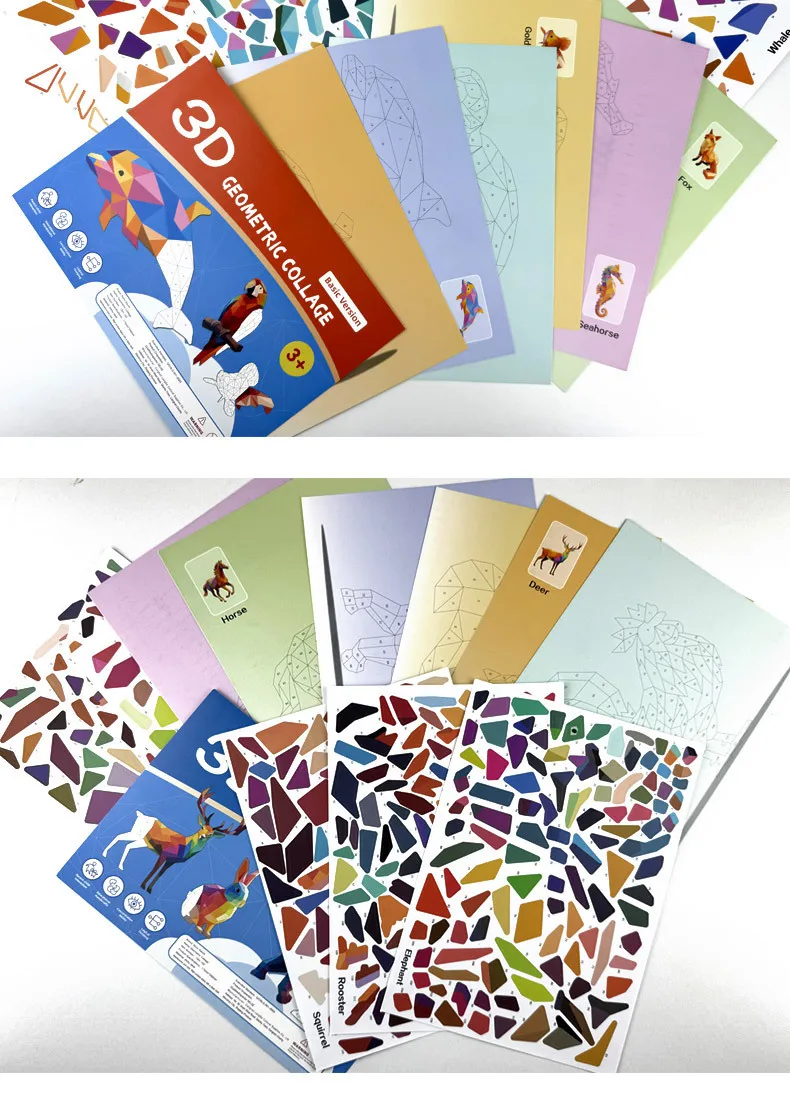3D Geometrische Collage Aufkleber Buch Cartoon Tier Kognitive Puzzle Spiel Verbessern Fokus Training Aufklärung Spielzeug für Kinder – Detail 9