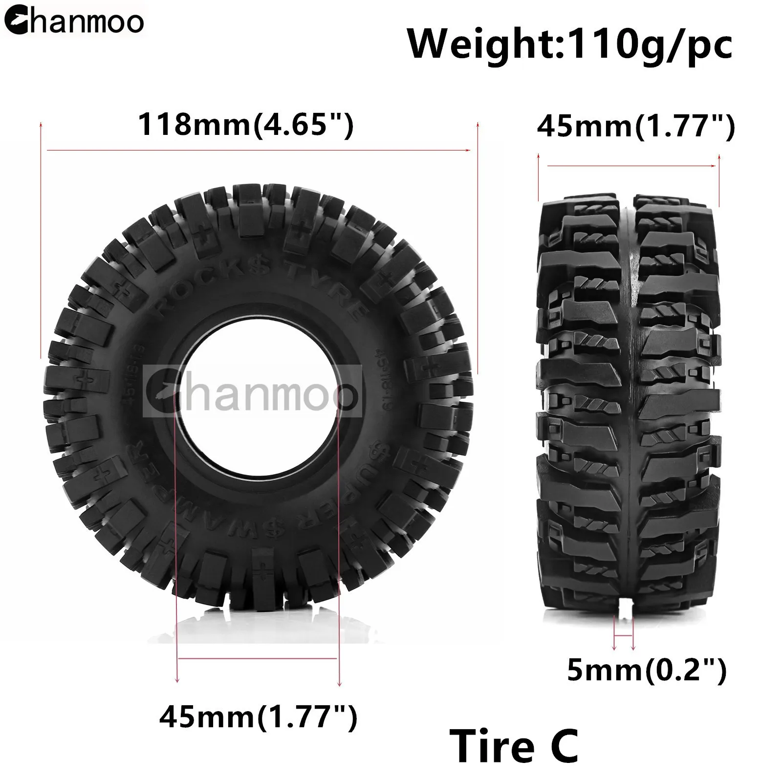 Chanmoo 1/10 RC 자동차용 크롤러 타이어, 락 휠 머드 타이어, 축 Traxxas SCX10 II III TRX4 RC4WD D90 YK4102 Gen8 Redcat, 1.9in