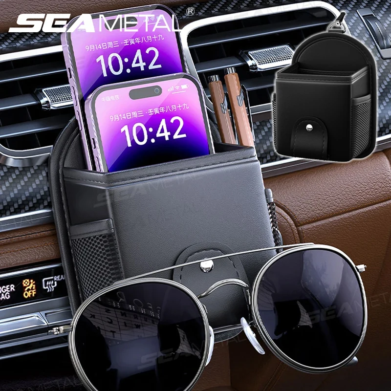 Black PU Leather Car Air Vent Storage Bag with Magnetic Glasses Holder