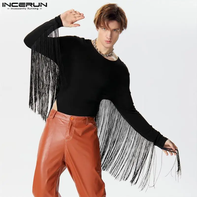 

INCERUN 2024 Sexy Style Mens Homewear Jumpsuits Stylish Solid Tassel Triangle Design Rompers Long Sleeved V-neck Bodysuits S-3XL