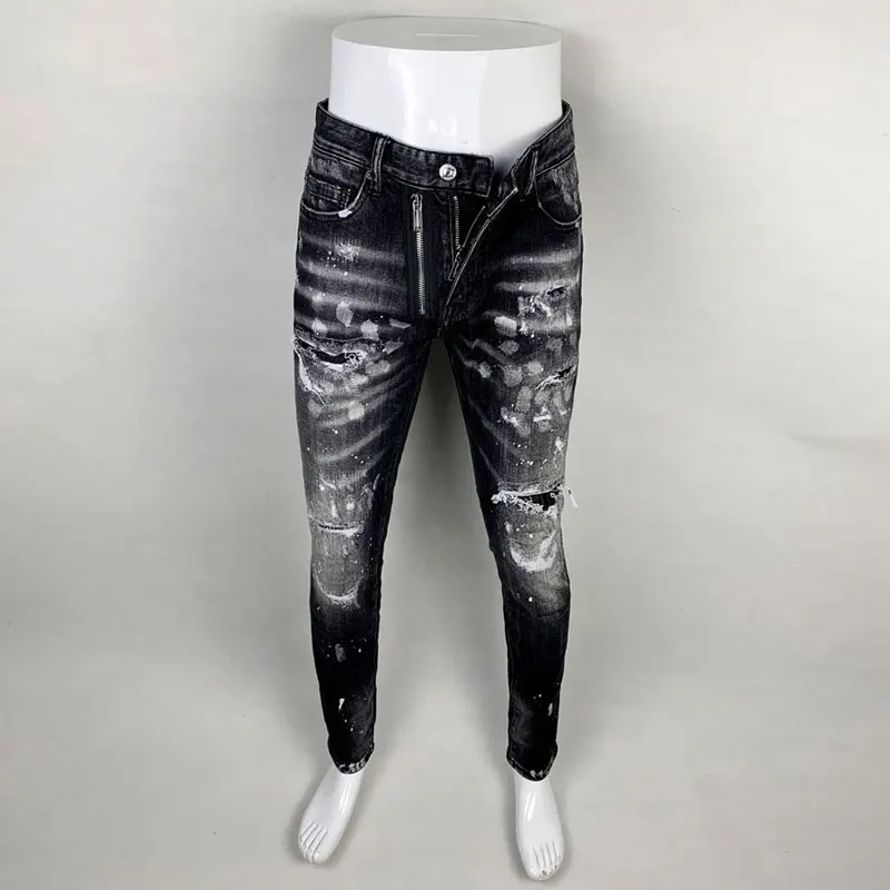 Street Fashion Men Jeans Retro Black Gray Stretch Slim Fit Patched Ripped Jeans Men Painted Designer Hip Hop Brand Pants Hombre