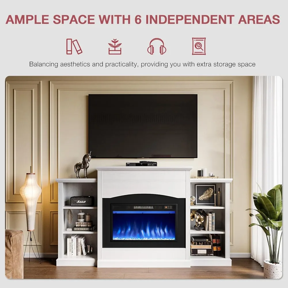 Electric Fireplace with 67" Mantel, Fireplace TV Stand with Storage Shelves, 23'' Multifunctional Fire Places Insert Heater. 5