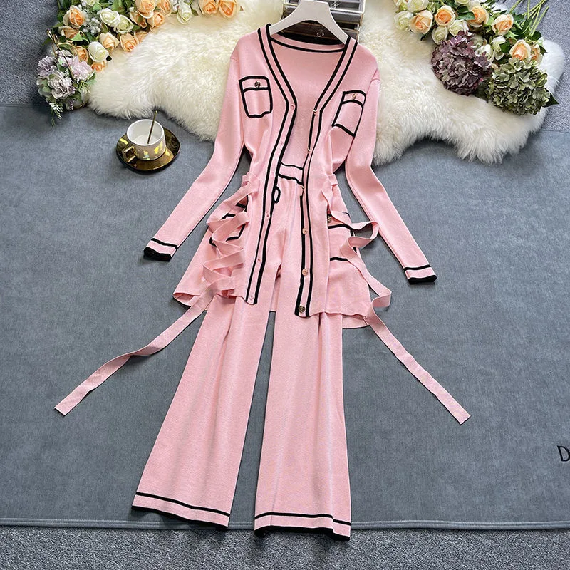 

Vintage Knitted Outfits Women Fall Winter Mid Length V-neck Cardigan 2 Piece Sets With Knitwear Belt Wide Leg Pants Tracksuits