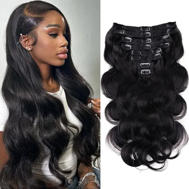 Extensions de cheveux humains Body Wave à clipser pour femmes, tête complète, vierge brésilienne, extension de cheveux à clipser, trame de 120 grammes, 8 pièces par ensemble 1