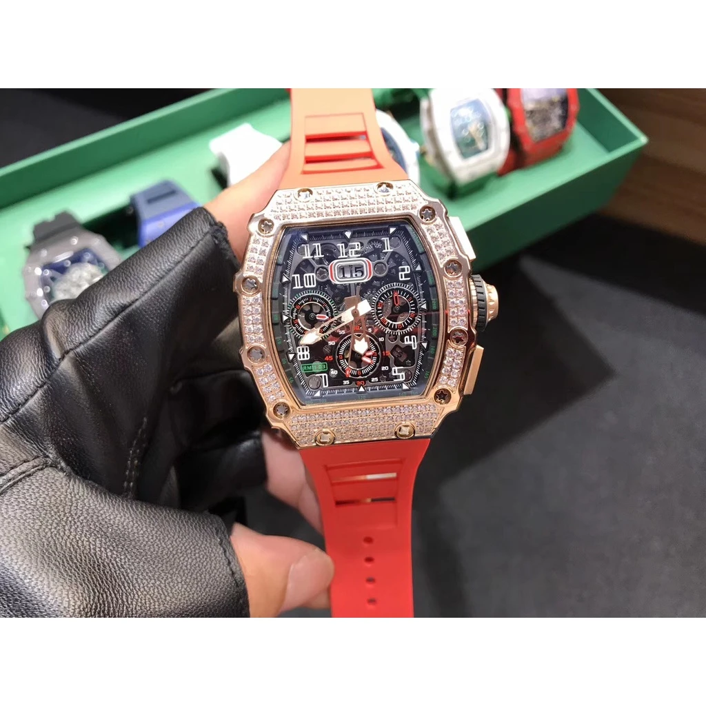 

mens automatic mechanical watch Iced diamond Rose Gold black rubber