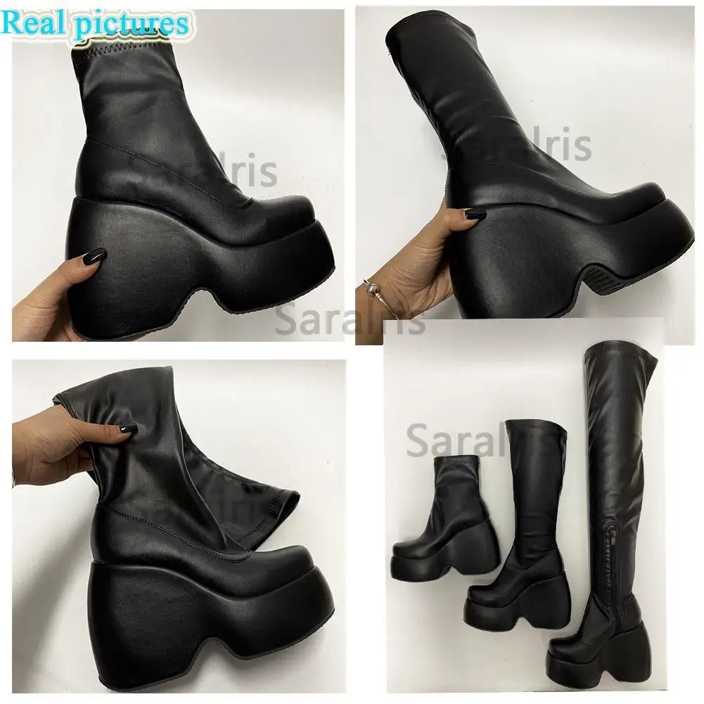 New Fashion Spring Autumn Solid Ankle Boots Chunky Platform High Thick Heels Comfy Walking Gothic Street Style Women Shoes