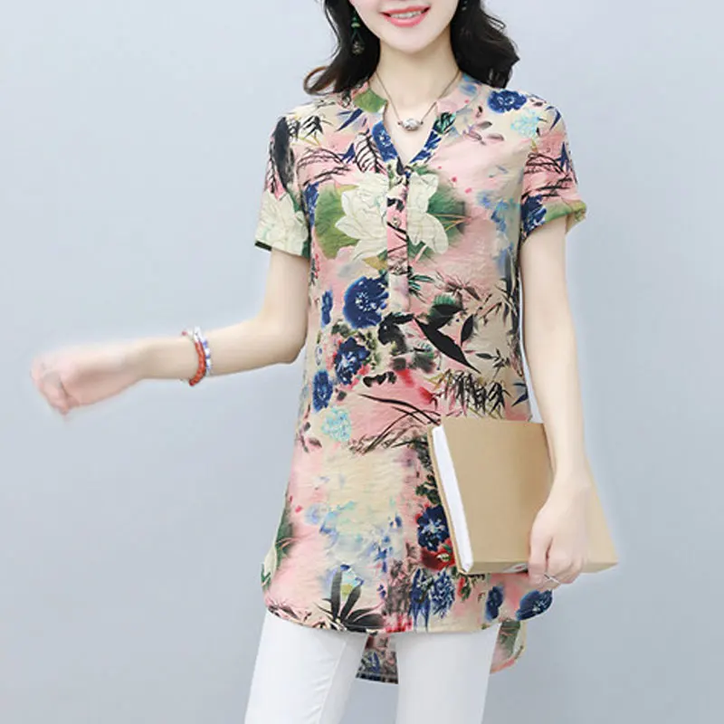 Vintage Folk Print V-Neck Midi Blouse - Elegant Summer Casual Wear