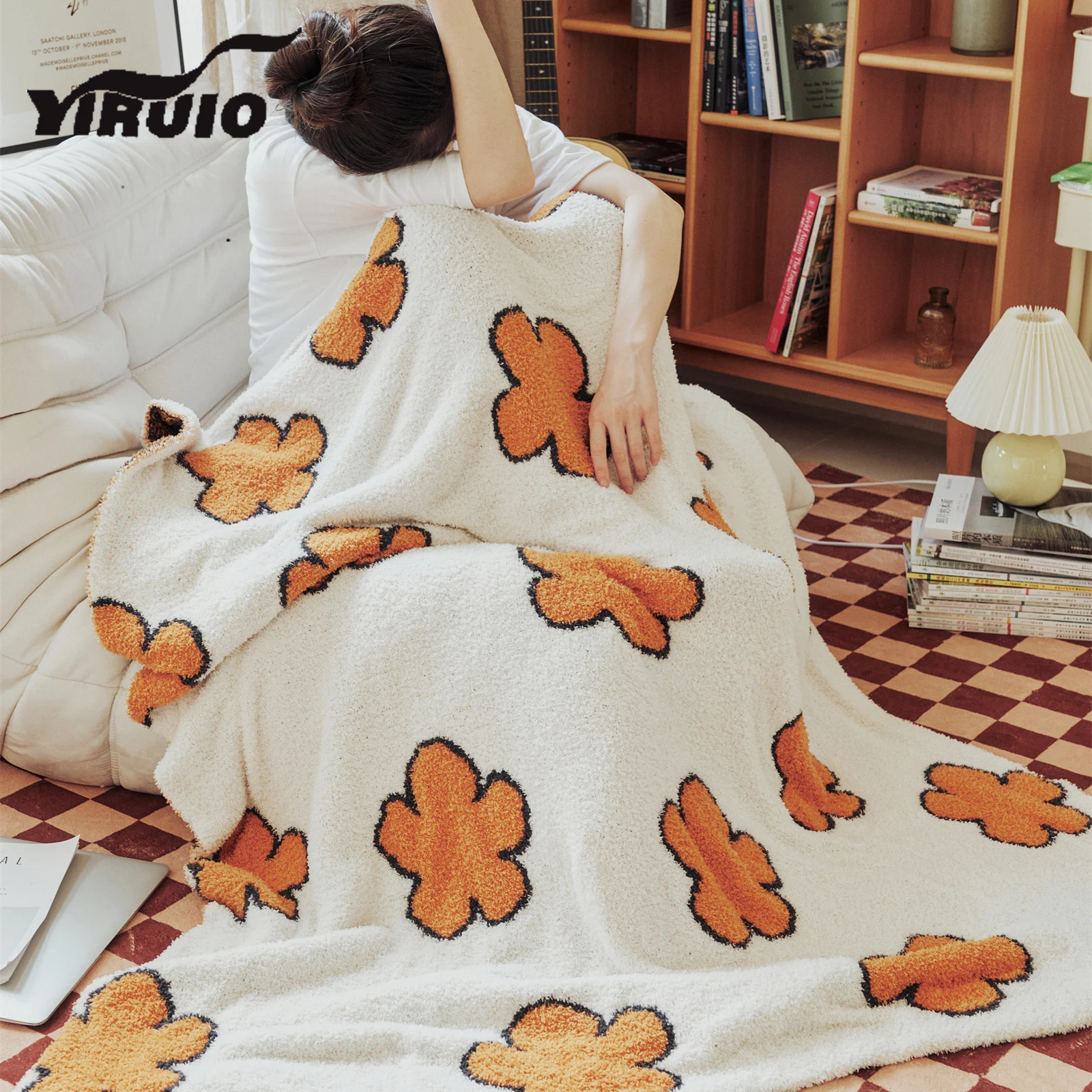 

Вязаные одеяла YIRUIO в стиле бохо с цветочным дизайном, оранжевая, синяя, зеленая, красная Цветочная, пушистая, Офисная шаль до колена, ворсовая, носимый плед