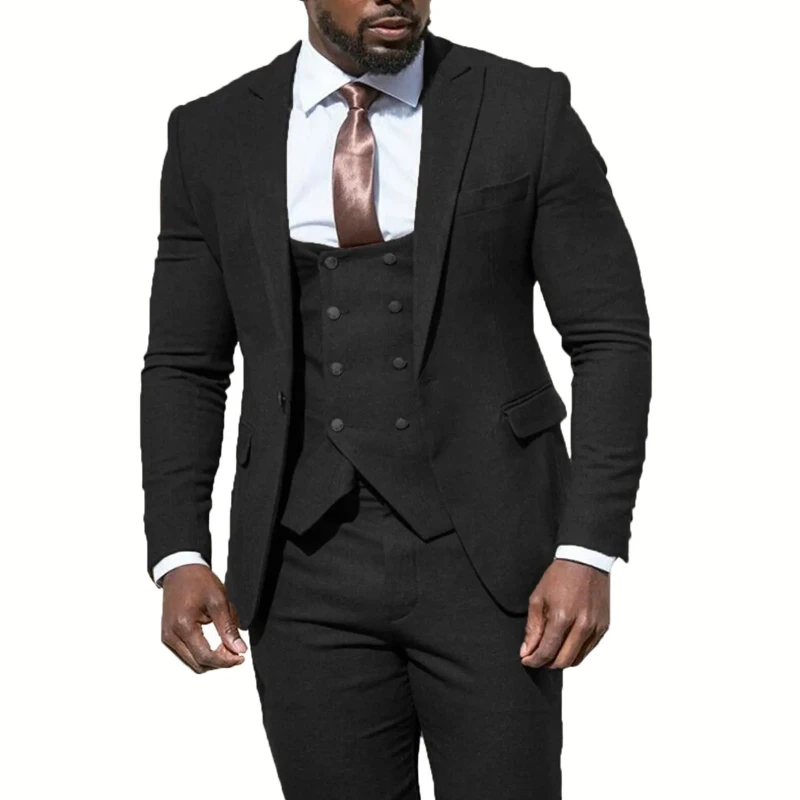 Men Suit Black Slim 3 Pieces Solid Double Button Fit Business Banquet Wedding Groom Suit Jacket Vest With Pants