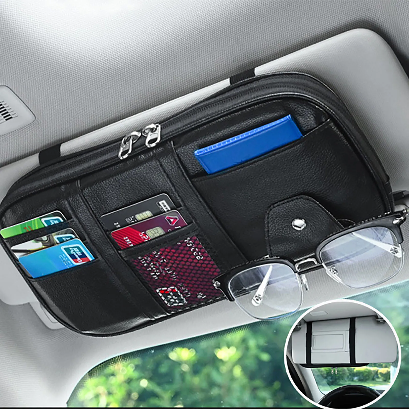 

Universal Car Sun Visor Organizer Auto Pocket Multi-Pocket Storage Pouch Glasses Bill Pen Card Holder Net Zipper Car Truck SUV