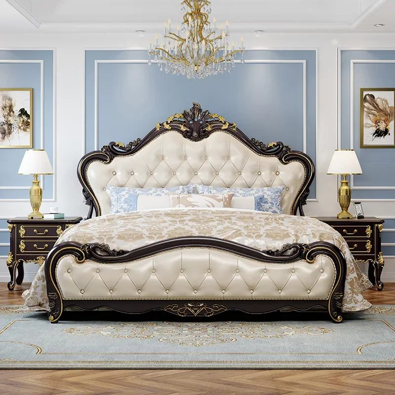 

European style solid wood bed, high-end master bedroom, 1.8m double bed, luxurious soft backrest carved bed, household solid woo