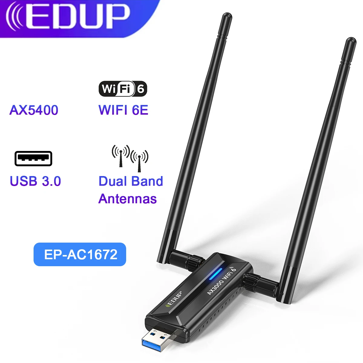 EDUP  AX1672 WiFi 6E Ultra-fast USB 3.0 High-Speed 3000Mbps Wireless Network Card WiFi Adapter Tri-Band 2.4G 5G 6G Antenna