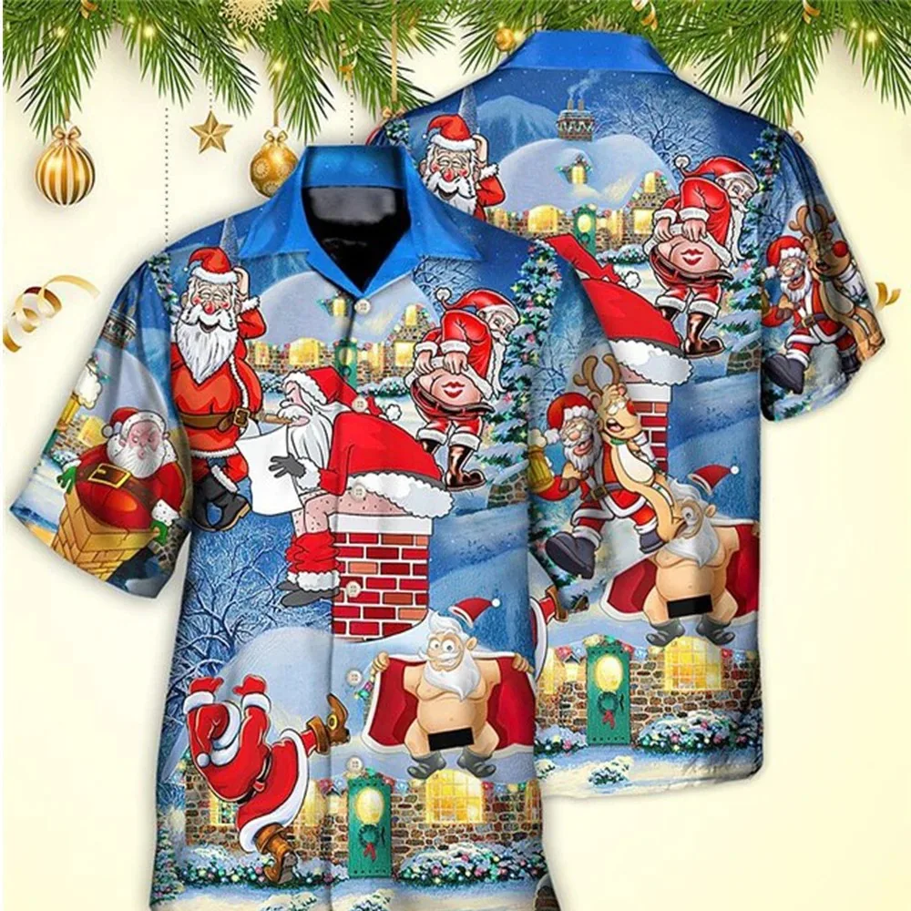 Mens Hawaiian Shirt Funny Santa Claus 3d Print Christmas Short Sleeve Shirts Beach Blouse Party casual short sleeved shirt short sleeved shirt hawaiian shirt