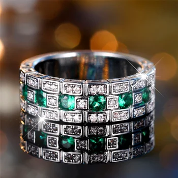 Cute Female Small White Green Zircon Stone Finger Ring Vintage Silver Color Wedding Band Bridal Jewelry For Women