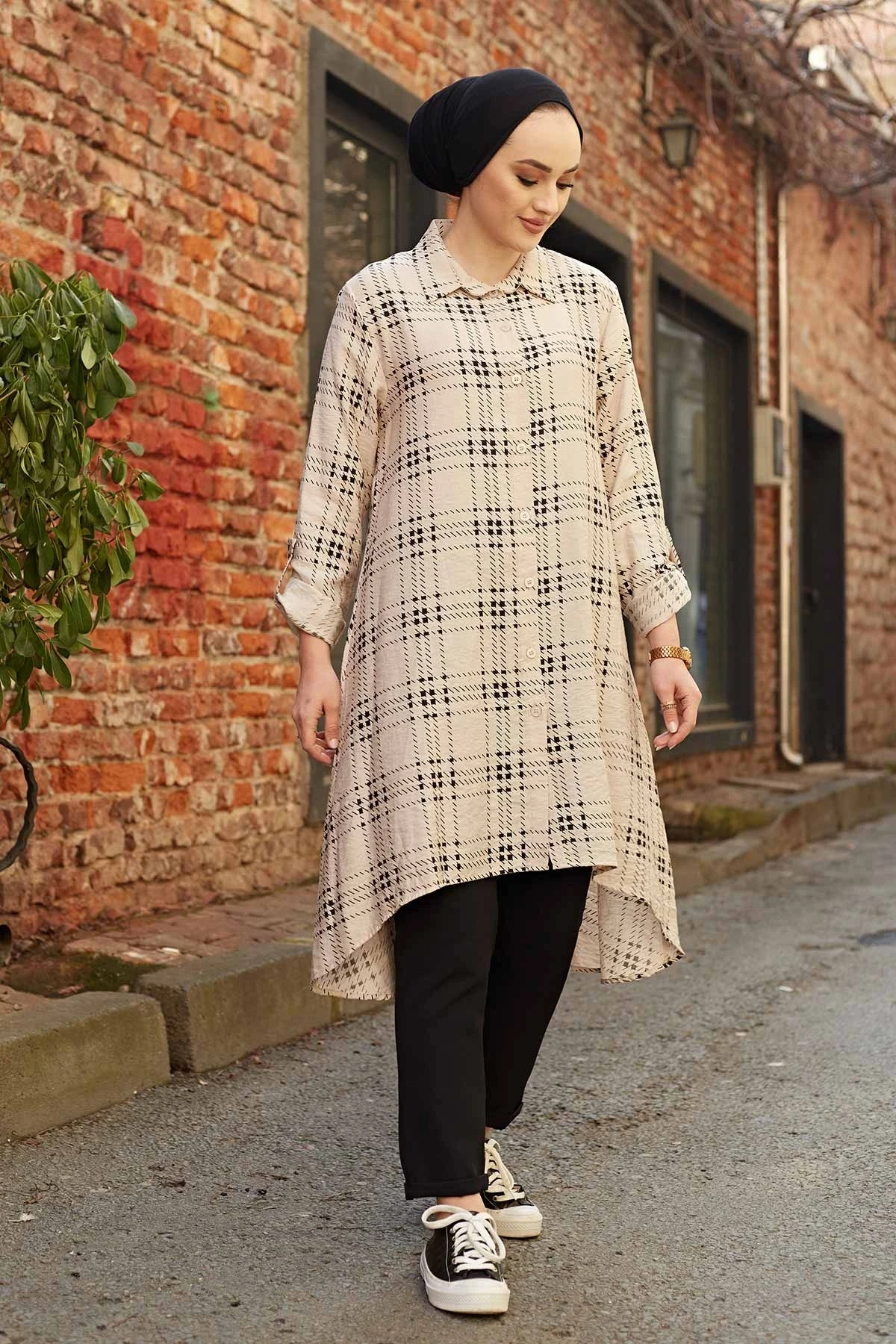 Patterned Asymmetrical Cut Shirt TH-Beige