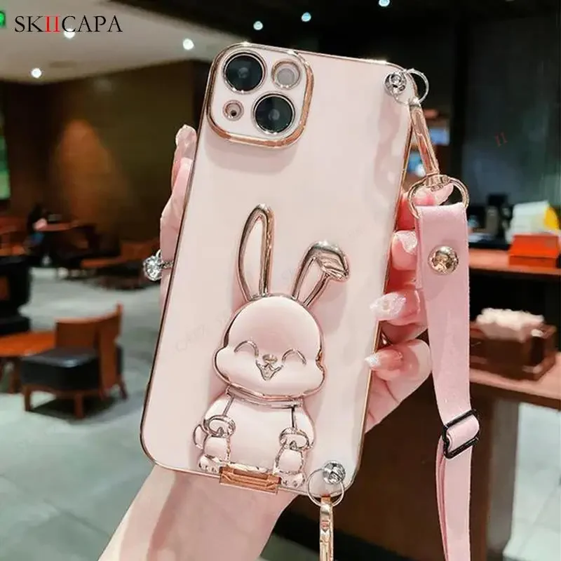 Plating Silicone Crossbody Lanyard Phone Case with Rabbit Holder