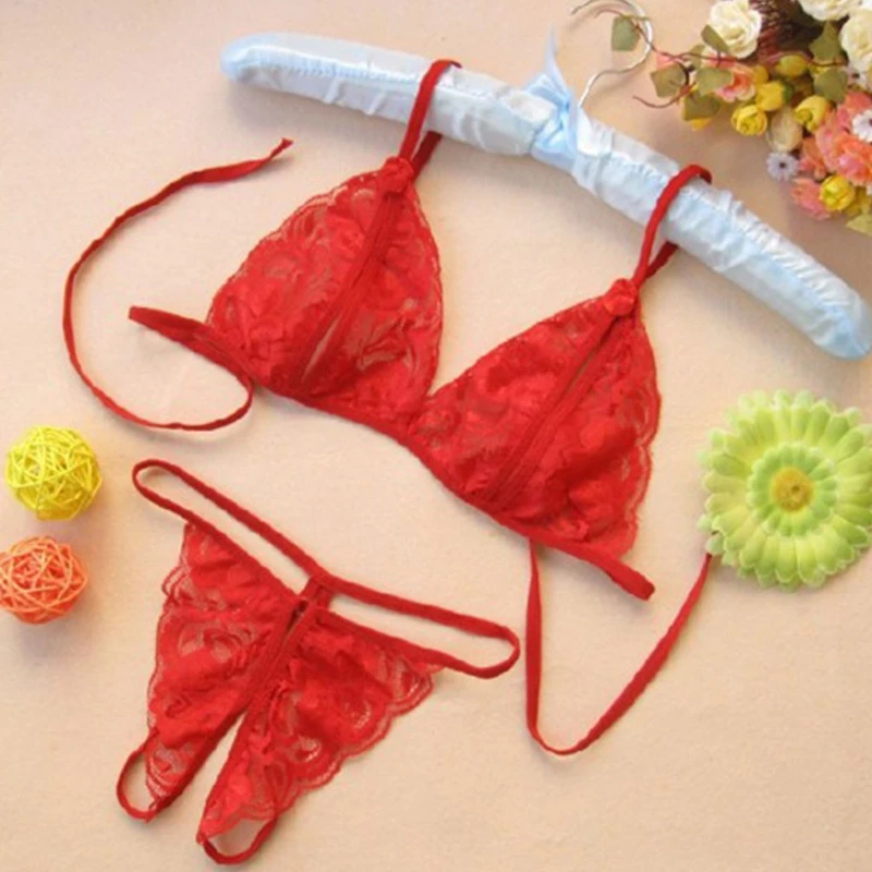 

Womens Lingerie Lace Babydoll 2 Piece Bras Set With Bow Open Cup Crotchless Sexy