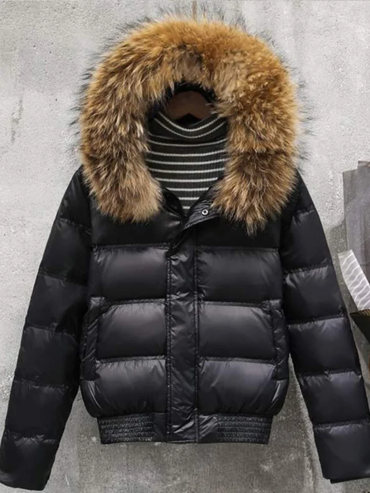 FTLZZ Winter Real Raccoon Fur Feather Jacket Women Hooded Slim White Duck Down Short Parkas Female Black Khaki Snow Outwear Coat